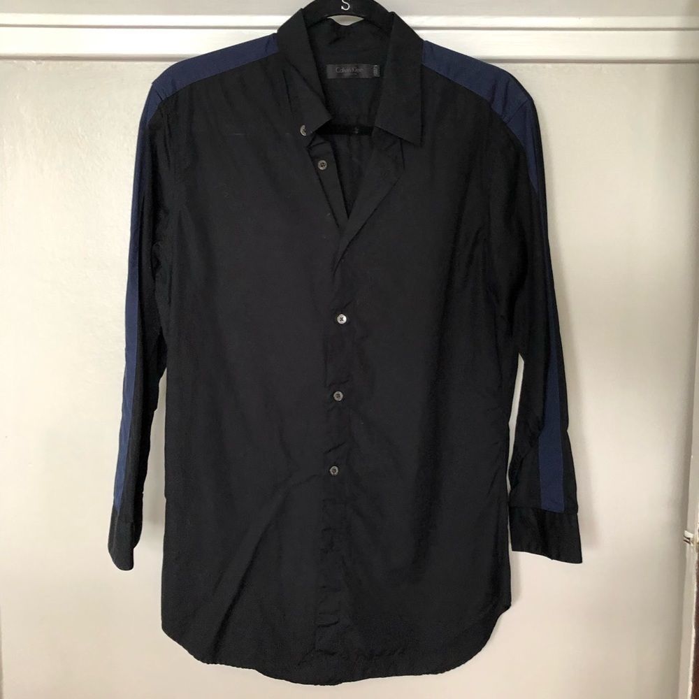Calvin Klein Blue striped black button down dress shirt